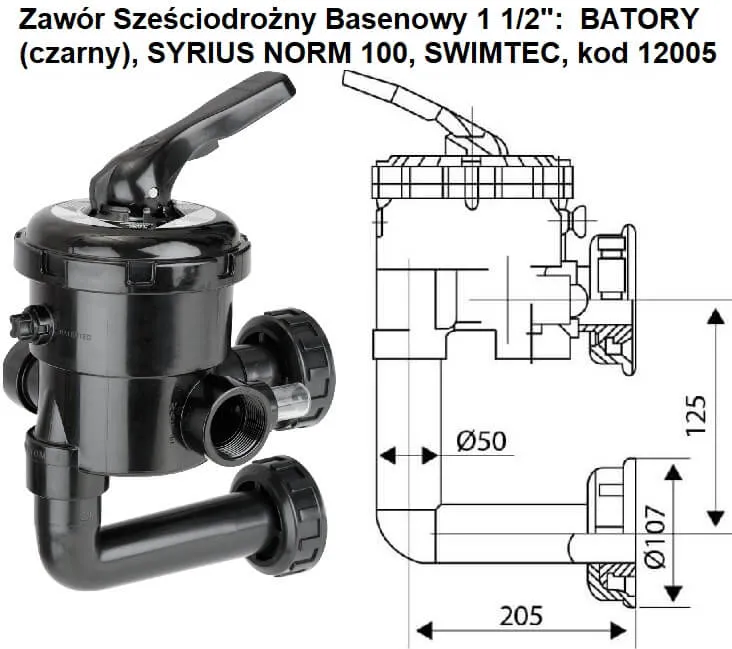 Zawór Sześciodrożny Basenowy 1 1/2"  BATORY (czarny), SYRIUS NORM 100, SWIMTEC 12005 wymiary